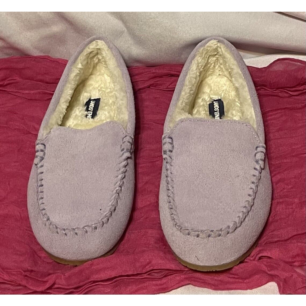 Lands End Women's Suede Moccasin Slippers Light Purple Size 7